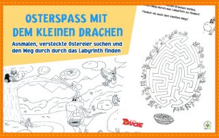 Osterspaß mit dem kleinen Drachen: Malbilder und Rätsel kostenlos zum Ausdrucken